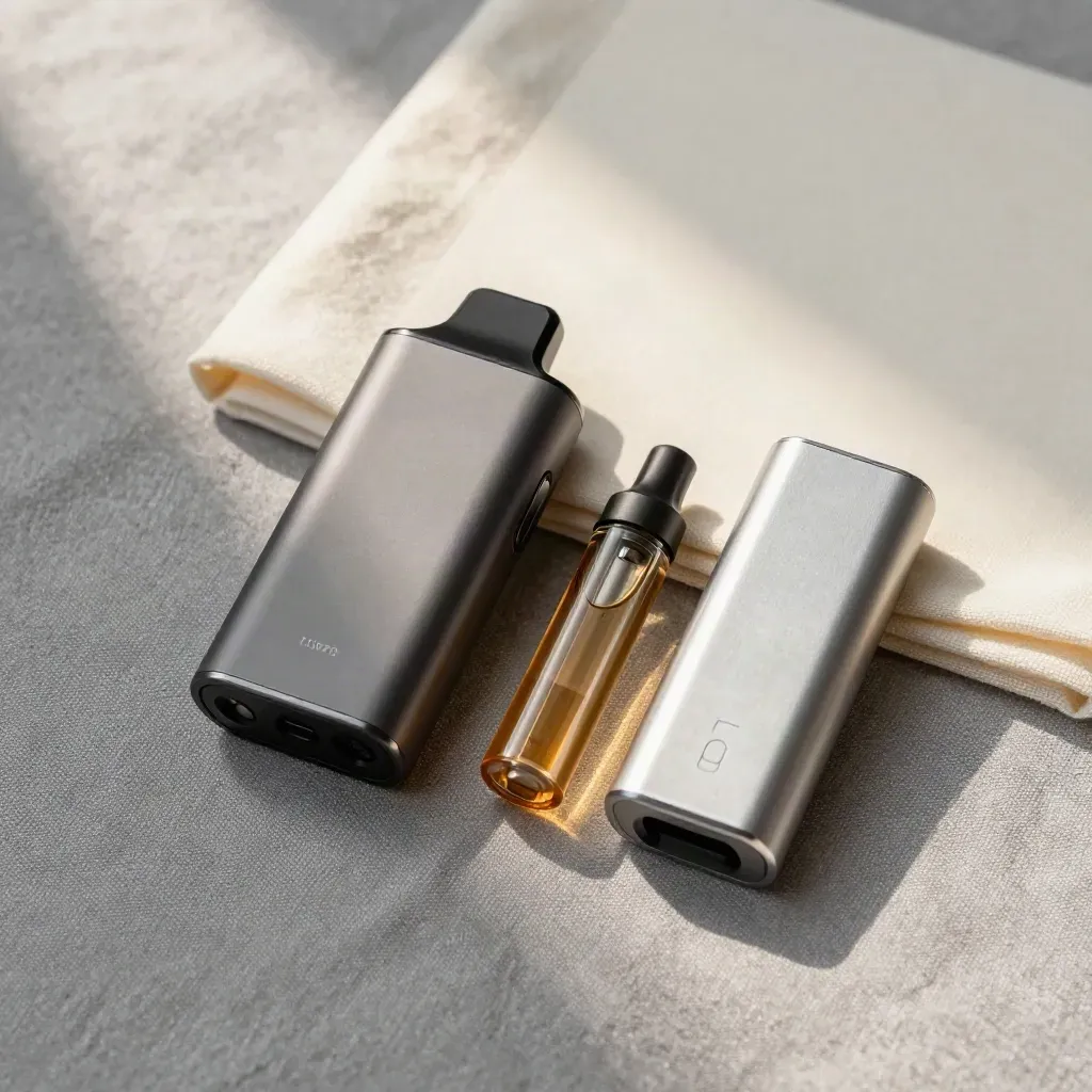 Top-down hemp pod starter kit with cartridge and charger on ash-grey linen.