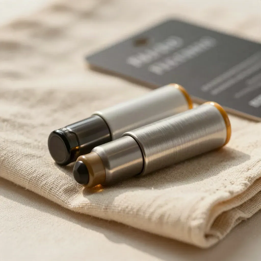 Macro of two ceramic vape cartridges nestled in folded linen under raking light.