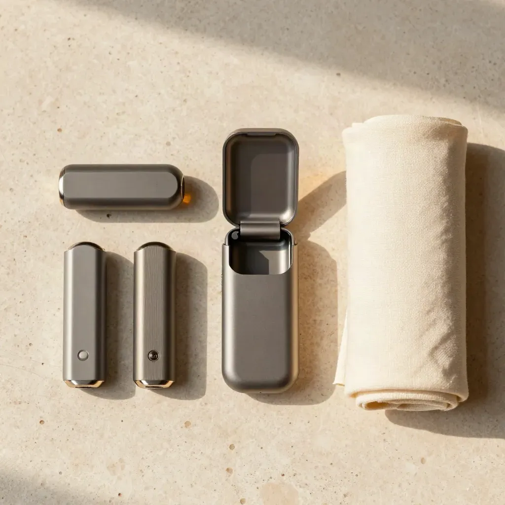 Overhead flatlay of two hemp vape pods, a small case, and a cream linen wrap on travertine.