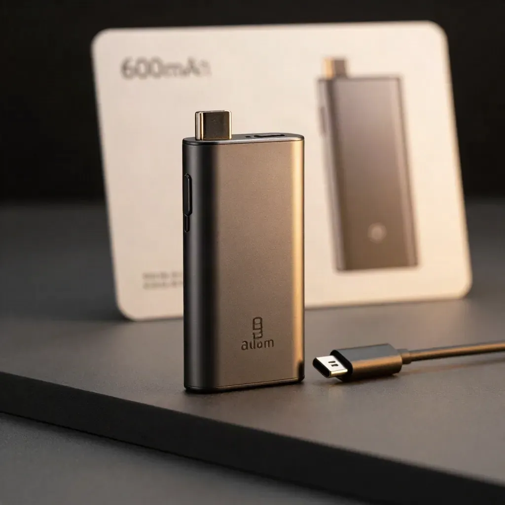Charcoal 600mAh pod battery with docked pod and diagonal USB-C cable on a dark studio surface.