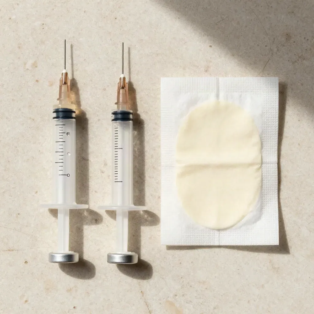 Overhead refill syringe kit with two syringes, caps and a cream pad on pale stone.