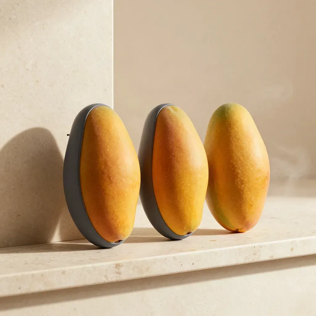 Three mango hemp pods beside a pale stone wedge on a travertine shelf